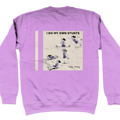 Lavender Netball Sweatshirt - Funny Netball Player Stunts Comic Strip Back Print