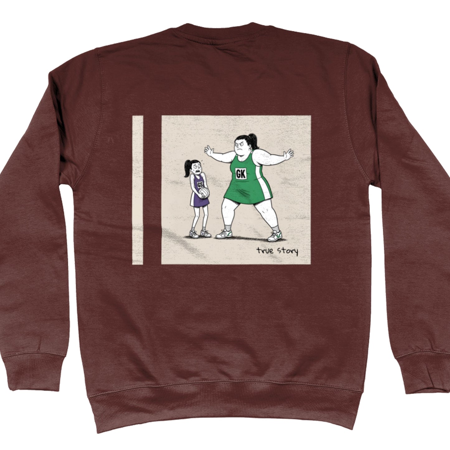 Brown Netball Jumper - Big Goal Keeper Funny Netball Player Cartoon Graphic