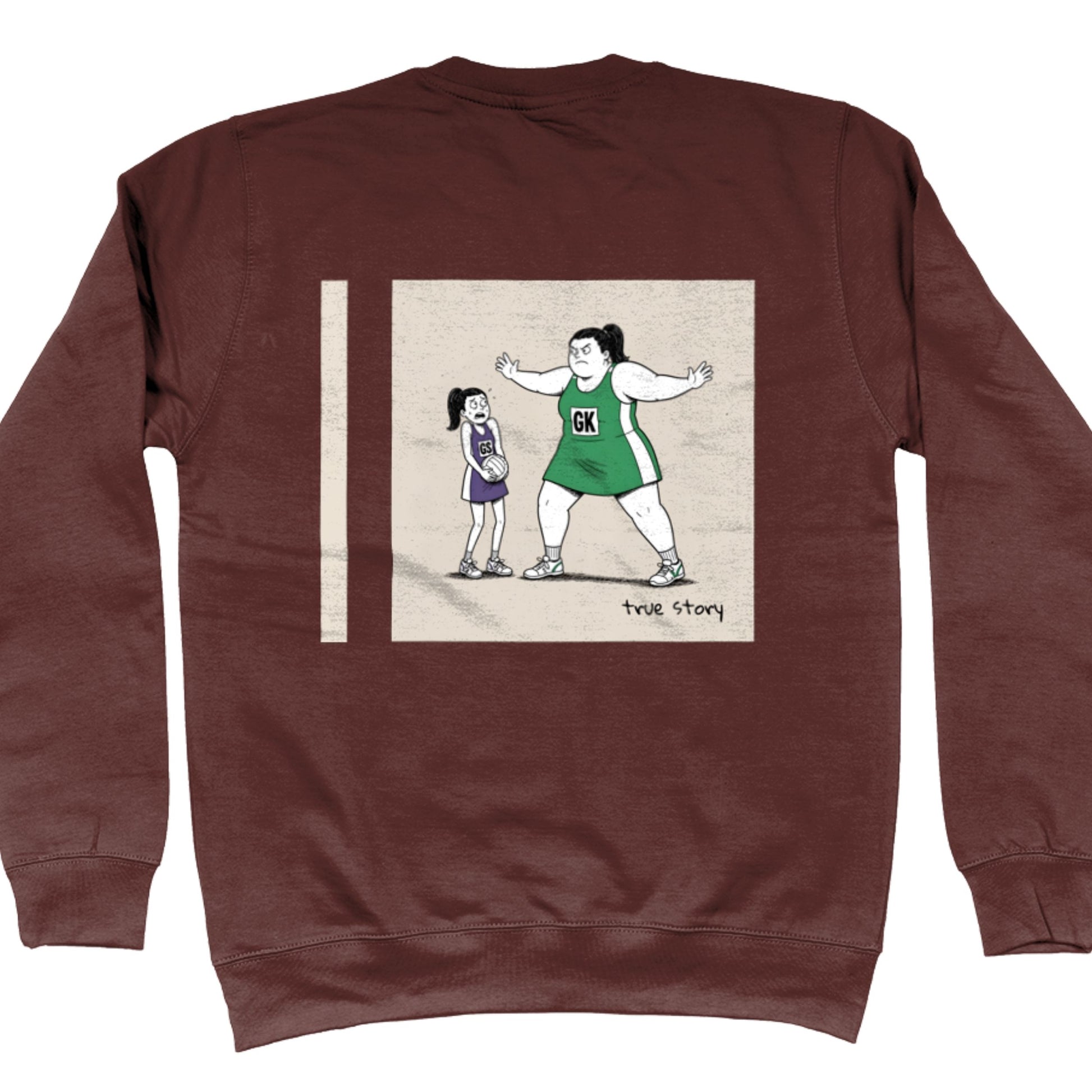 Brown Netball Jumper - Big Goal Keeper Funny Netball Player Cartoon Graphic
