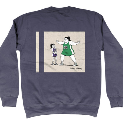 Dark Grey Netball Jumper - Big Goal Keeper Funny Netball Player Cartoon Graphic