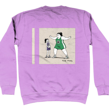 Light Purple Netball Jumper - Big Goal Keeper Funny Netball Player Cartoon Graphic