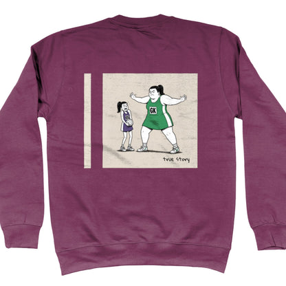 Plum Netball Jumper - Big Goal Keeper Funny Netball Player Cartoon Graphic