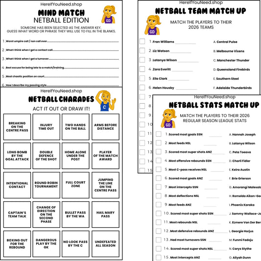 Printable Netball Quiz Trivia Games - Social Night
