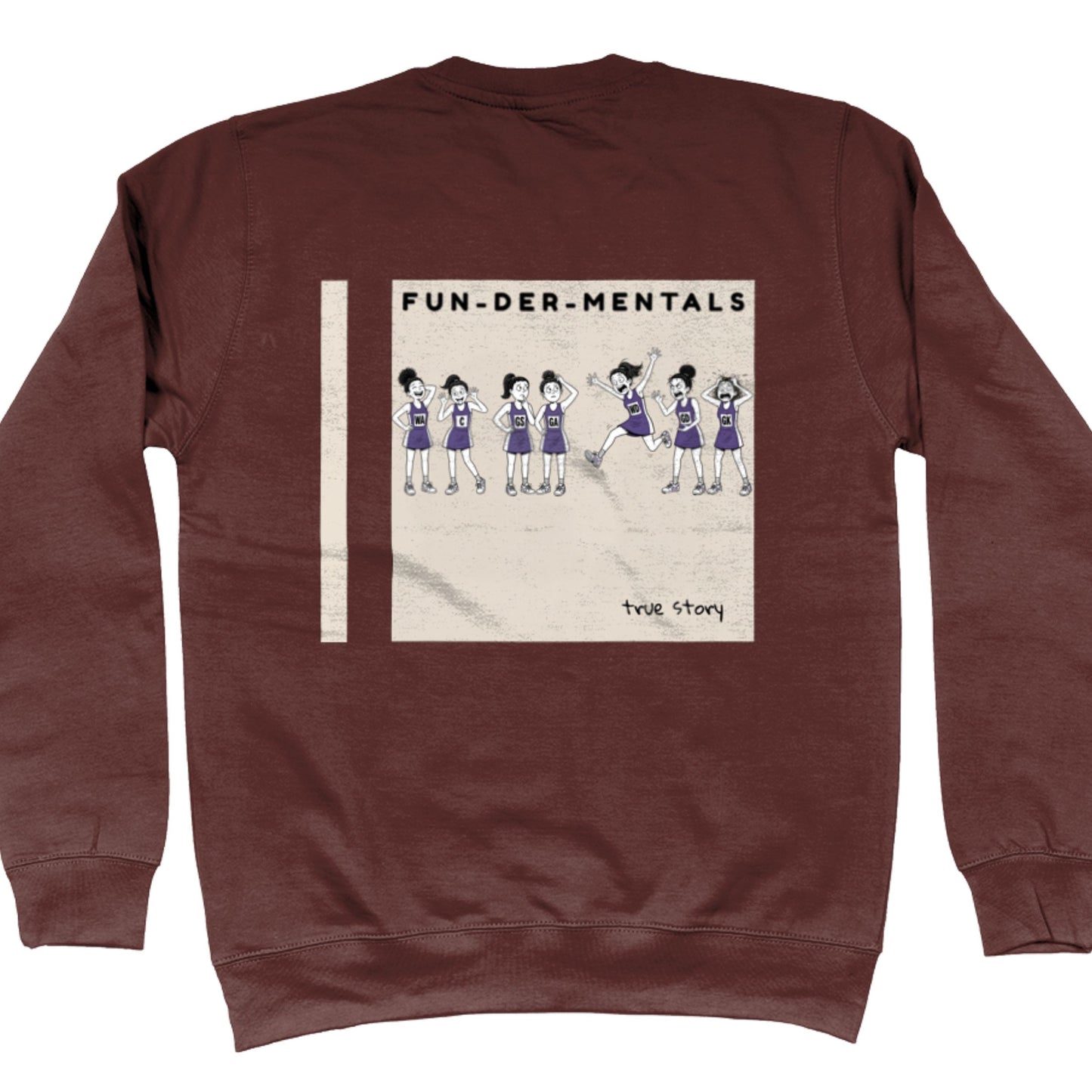 Brown Netball  Jumper- Fun-Der-Mentals Netball Player Comic Back Print