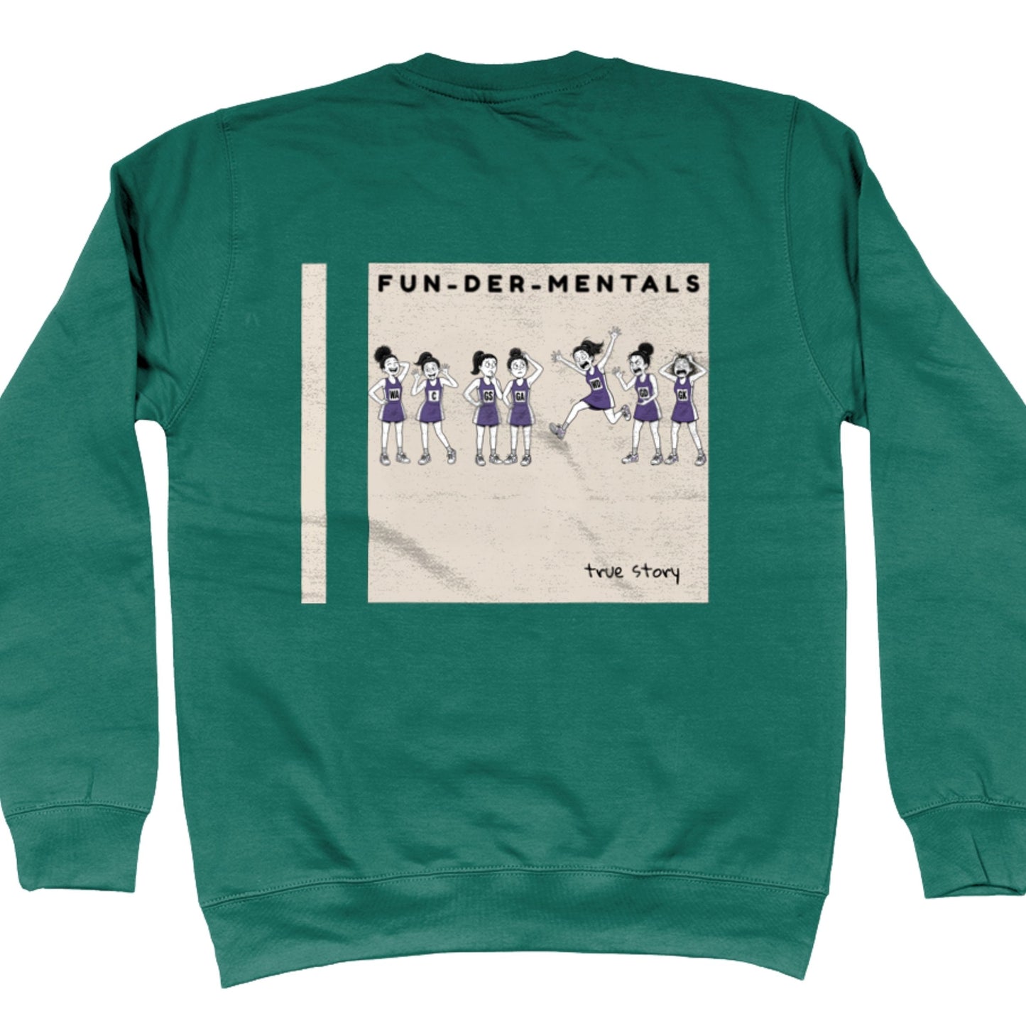 Green Netball Jumper - Fun-Der-Mentals Netball Player Comic Back Print