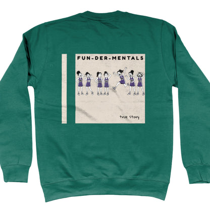 Green Netball Jumper - Fun-Der-Mentals Netball Player Comic Back Print