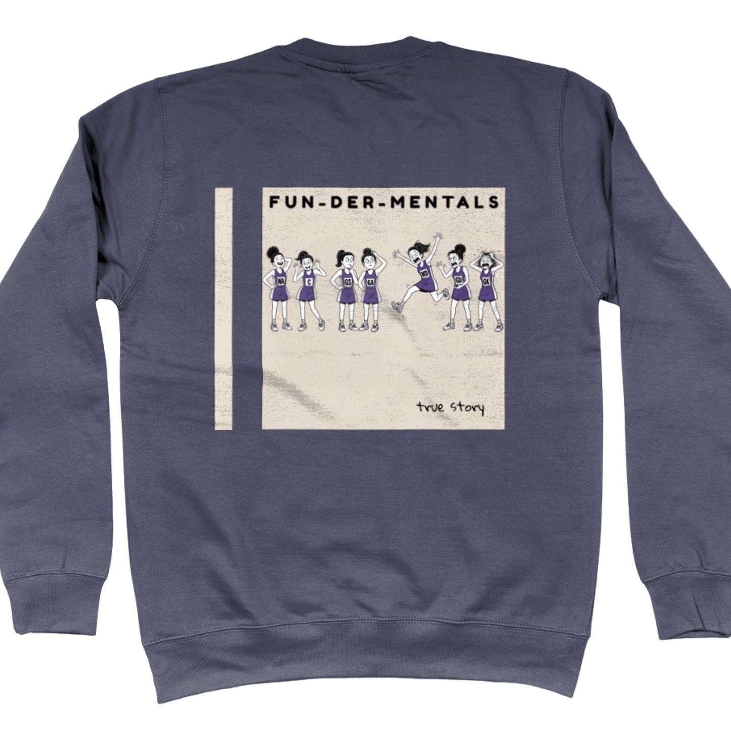 Dark Grey Netball Sweatshirt - Fun-Der-Mentals Netball Player Comic Back Print