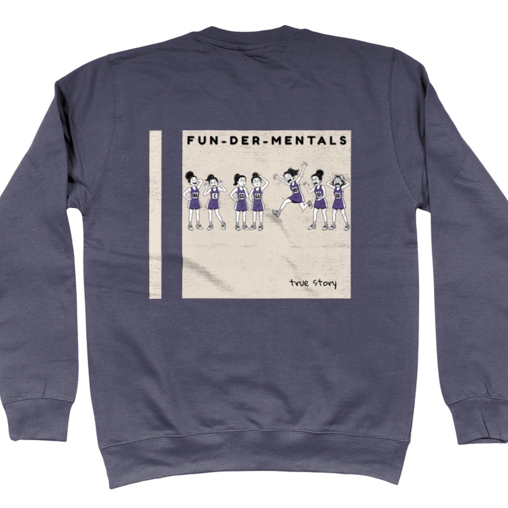 Dark Grey Netball Sweatshirt - Fun-Der-Mentals Netball Player Comic Back Print