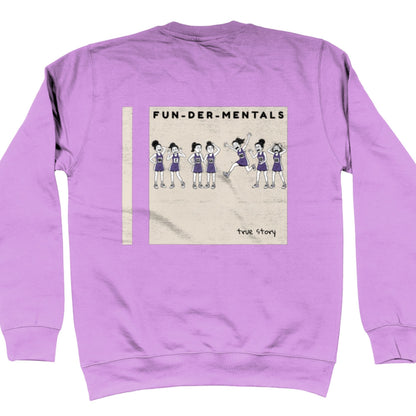 Lavender Netball Sweatshirt - Fun-Der-Mentals Netball Player Comic Back Print