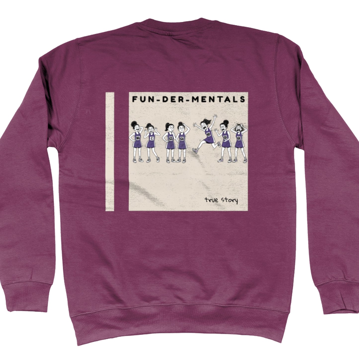 Purple Netball Sweatshirt - Fun-Der-Mentals Netball Player Comic Back Print
