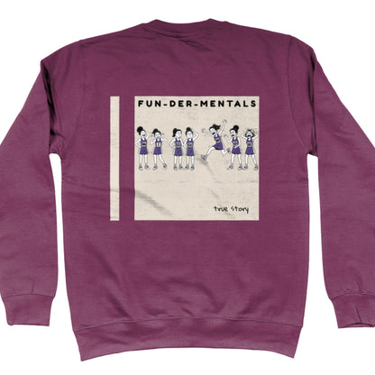Purple Netball Sweatshirt - Fun-Der-Mentals Netball Player Comic Back Print
