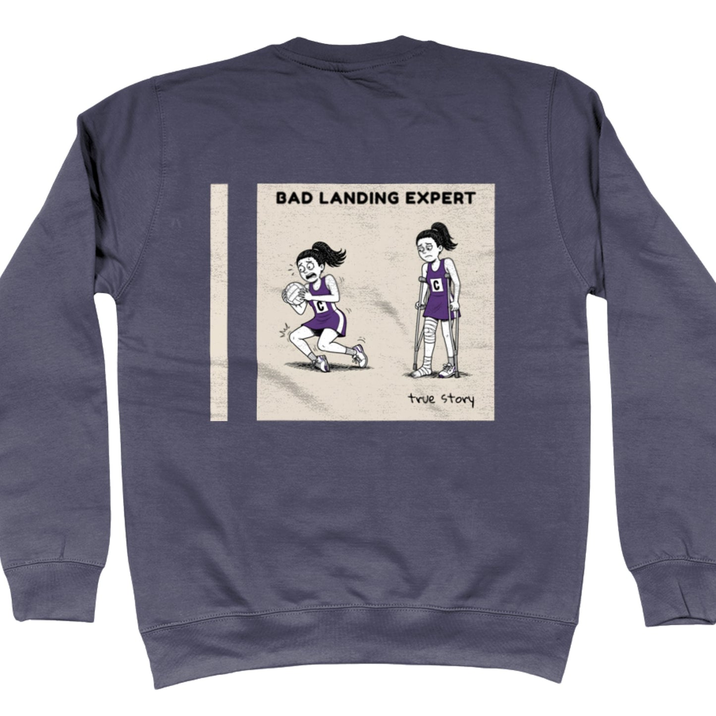 Blue Grey Netball Sweatshirt with Funny Bad Landing Expert Cartoon Print