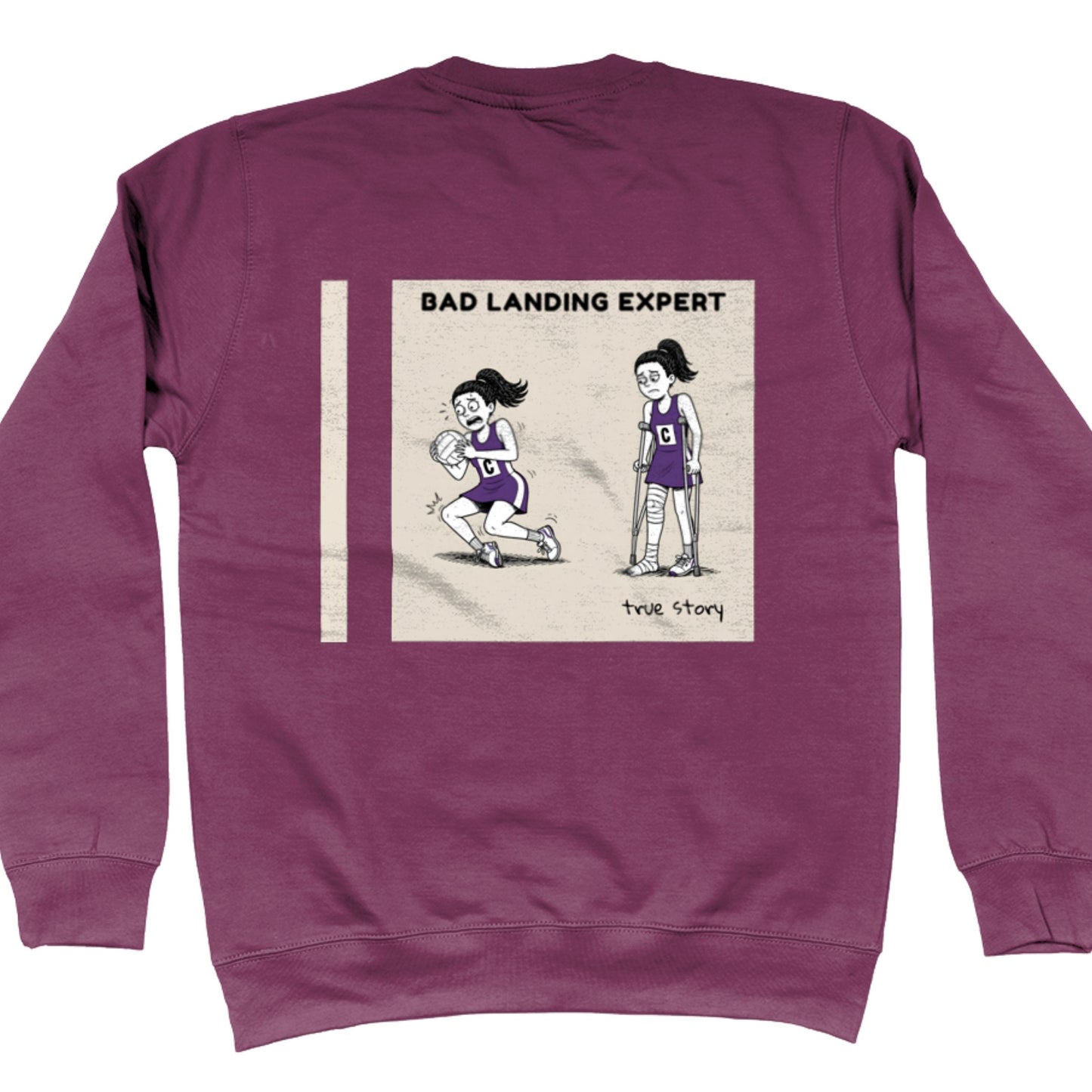 Dark Purple Netball Jumper with Funny Bad Landing Expert Cartoon Print