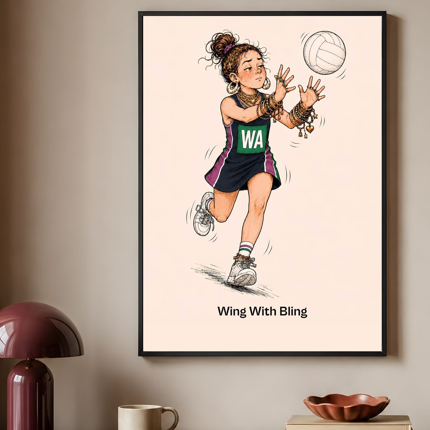 Funny Netball Wall Art Print - Wing With Bling Illustration 