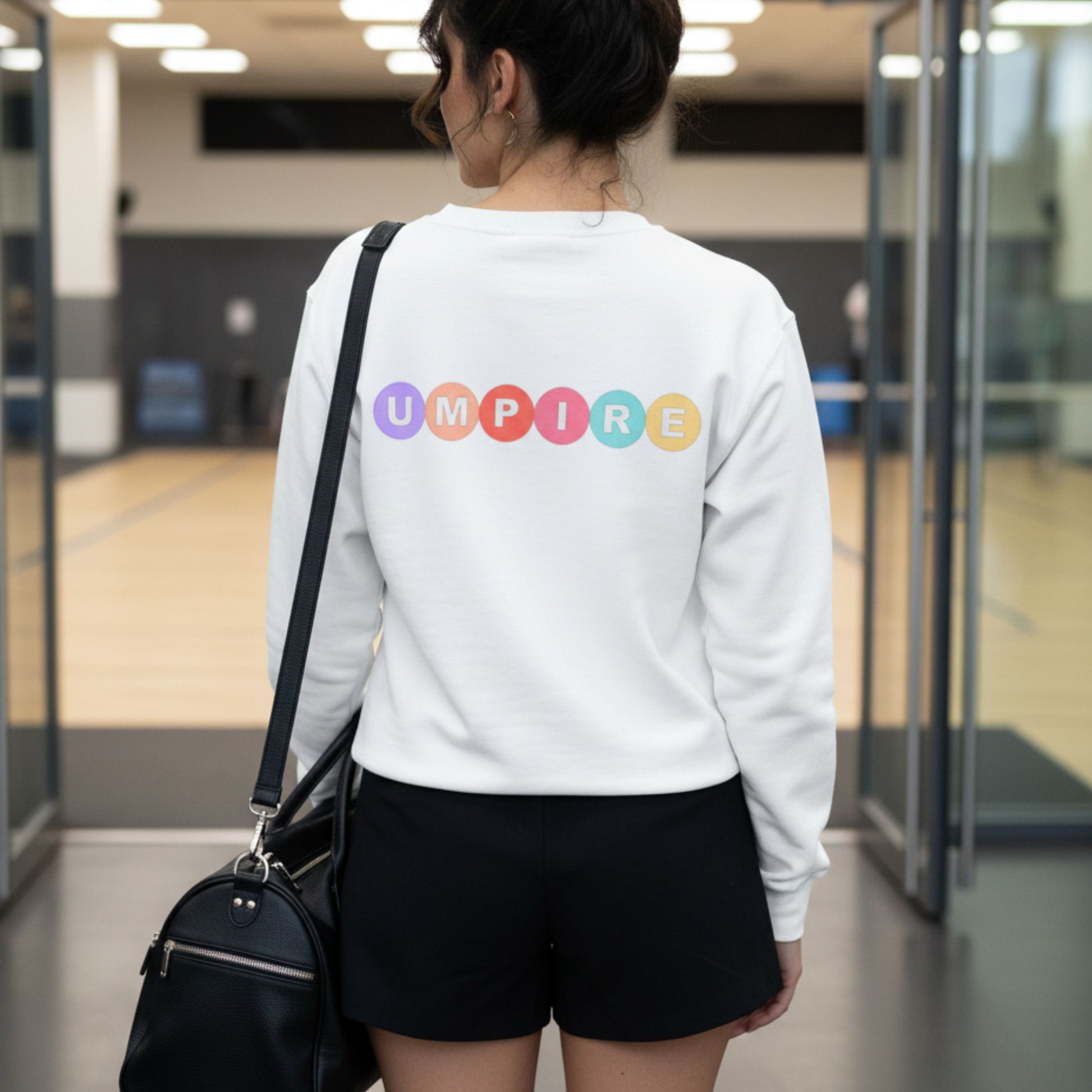 Netball Umpire Clothing - White Jumper with Pastel Lettering
