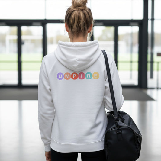White Netball Umpire Pullover Hoodie with Umpire Text - Netball Clothing