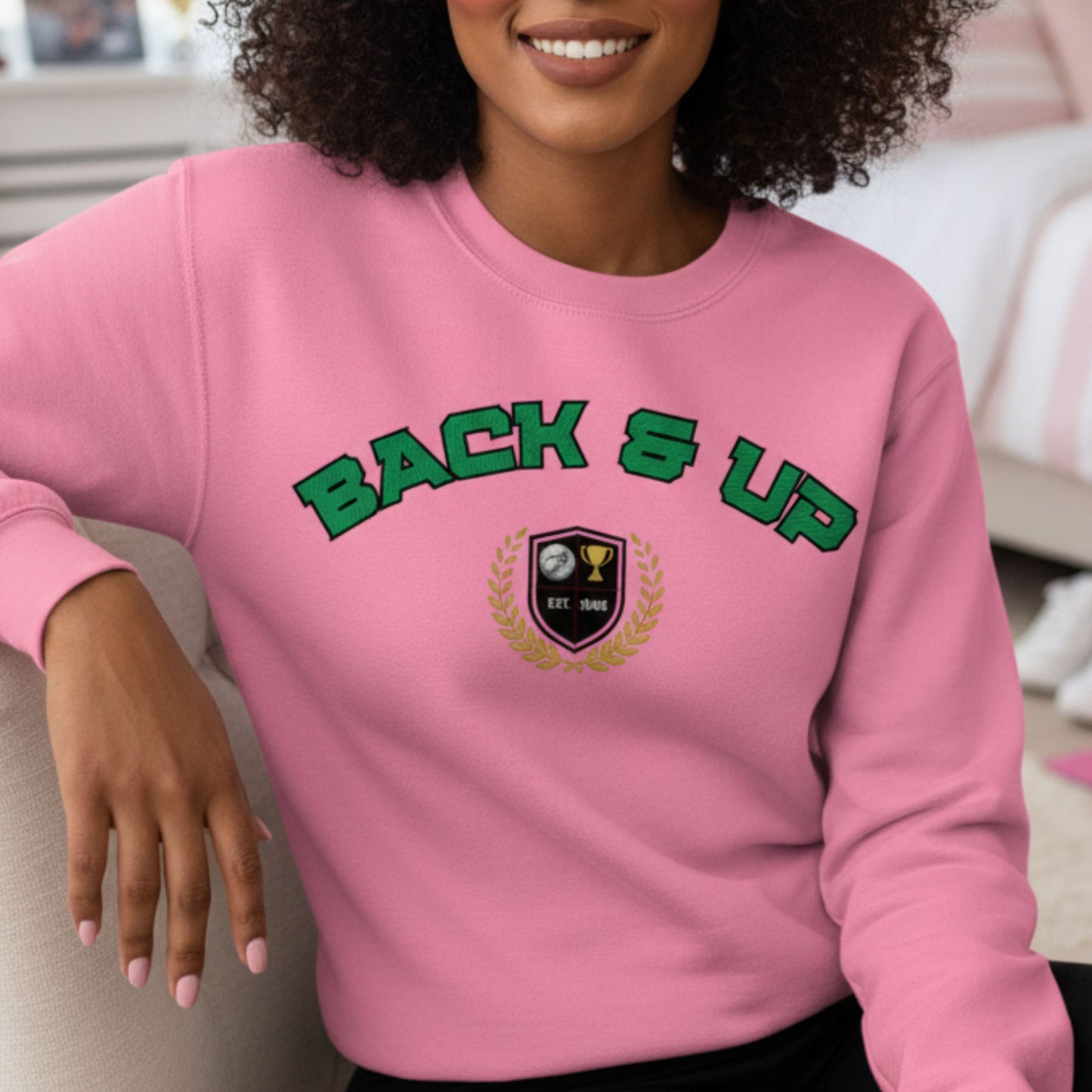 Pink Netball Sweatshirt - Back & Up Slogan - Netball Clothing